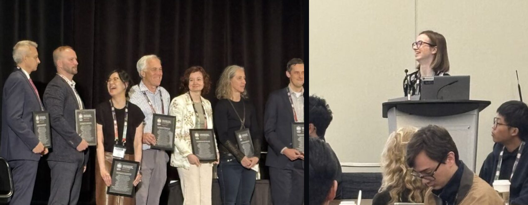 Faculty recognized on stage at x2026, and Professor Jennifer Farmer at the podium